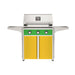 American Outdoor Grill 30" T-Series Portable Gas Grill with green accent panel and yellow accent panel cart base, large analog thermometer and push-button electronic ignition with backlit comfort-touch control knobs.
