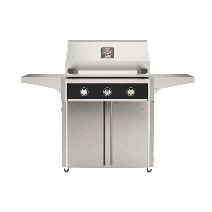 American Outdoor Grill 30" T-Series Portable Gas Grill in black accent panel and cart base.
