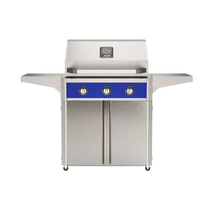 American Outdoor Grill 30" T-Series Portable Gas Grill in blue accent panel and cart base.
