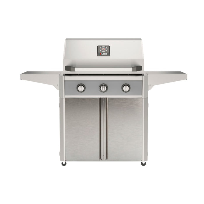 American Outdoor Grill 30" T-Series Portable Gas Grill in gray accent panel and cart base.
