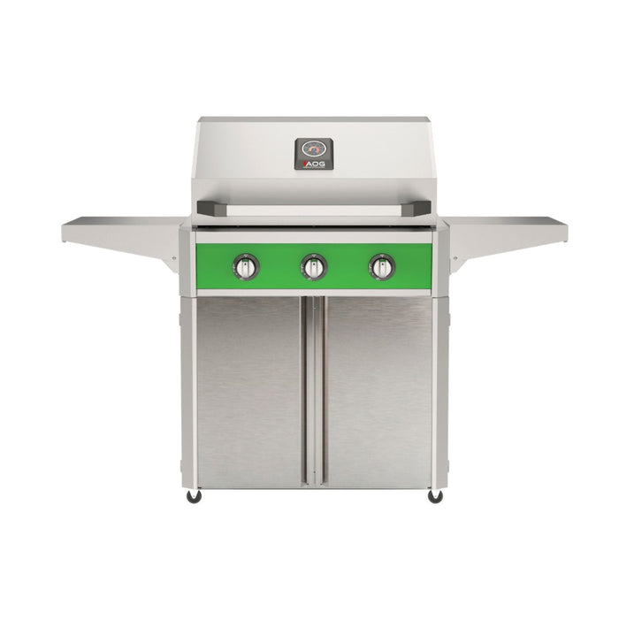 American Outdoor Grill 30" T-Series Portable Gas Grill in green accent panel and cart base.
