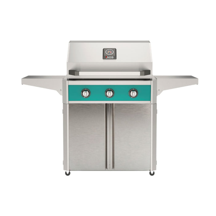 American Outdoor Grill 30" T-Series Portable Gas Grill in teal accent panel and cart base.
