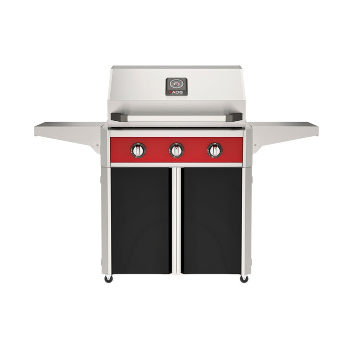 American Outdoor Grill 30" T-Series Portable Gas Grill with red accent panel and black accent panel cart base, large analog thermometer and push-button electronic ignition with backlit comfort-touch control knobs.
