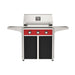 American Outdoor Grill 30" T-Series Portable Gas Grill with red accent panel and black accent panel cart base, large analog thermometer and push-button electronic ignition with backlit comfort-touch control knobs.
