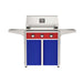American Outdoor Grill 30" T-Series Portable Gas Grill with red accent panel and blue accent panel cart base, large analog thermometer and push-button electronic ignition with backlit comfort-touch control knobs.

