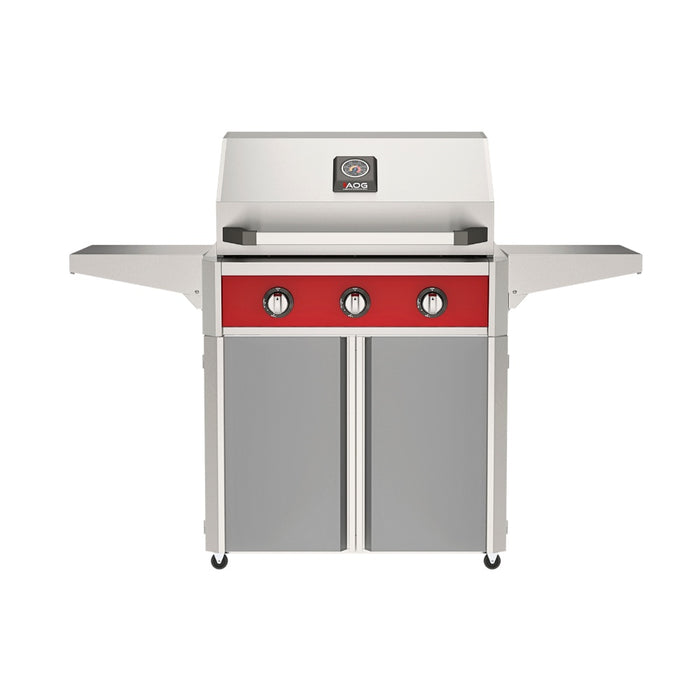 American Outdoor Grill 30" T-Series Portable Gas Grill with red accent panel and gray accent panel cart base, large analog thermometer and push-button electronic ignition with backlit comfort-touch control knobs.
