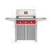 American Outdoor Grill 30" T-Series Portable Gas Grill with red accent panel and gray accent panel cart base, large analog thermometer and push-button electronic ignition with backlit comfort-touch control knobs.
