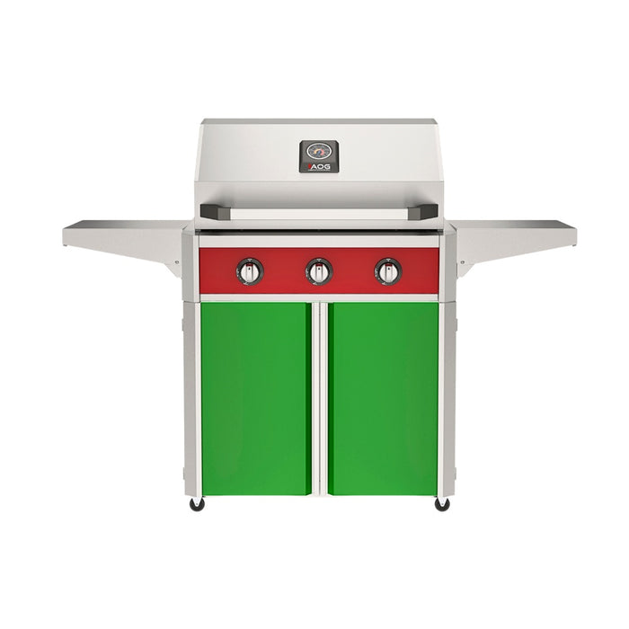 American Outdoor Grill 30" T-Series Portable Gas Grill with red accent panel and green accent panel cart base, large analog thermometer and push-button electronic ignition with backlit comfort-touch control knobs.
