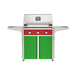 American Outdoor Grill 30" T-Series Portable Gas Grill with red accent panel and green accent panel cart base, large analog thermometer and push-button electronic ignition with backlit comfort-touch control knobs.
