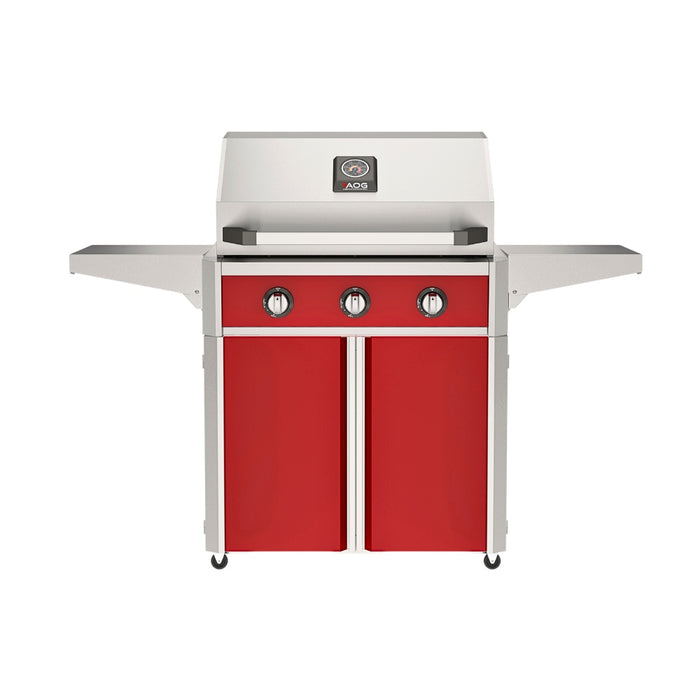 American Outdoor Grill 30" T-Series Portable Gas Grill with red accent panel and red accent panel cart base, large analog thermometer and push-button electronic ignition with backlit comfort-touch control knobs.
