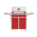 American Outdoor Grill 30" T-Series Portable Gas Grill with red accent panel and red accent panel cart base, large analog thermometer and push-button electronic ignition with backlit comfort-touch control knobs.
