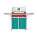 American Outdoor Grill 30" T-Series Portable Gas Grill with red accent panel and teal accent panel cart base, large analog thermometer and push-button electronic ignition with backlit comfort-touch control knobs.
