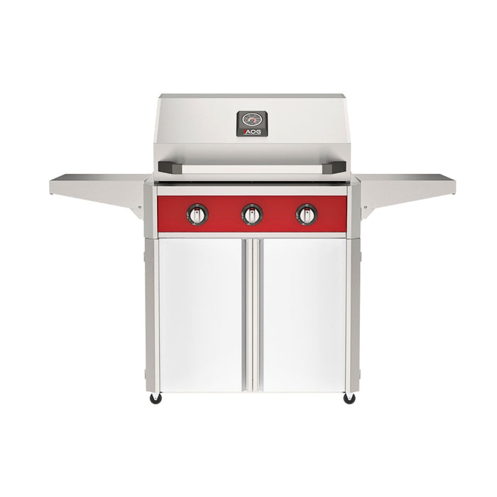 American Outdoor Grill 30" T-Series Portable Gas Grill with red accent panel and white accent panel cart base, large analog thermometer and push-button electronic ignition with backlit comfort-touch control knobs.
