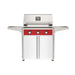 American Outdoor Grill 30" T-Series Portable Gas Grill with red accent panel and white accent panel cart base, large analog thermometer and push-button electronic ignition with backlit comfort-touch control knobs.
