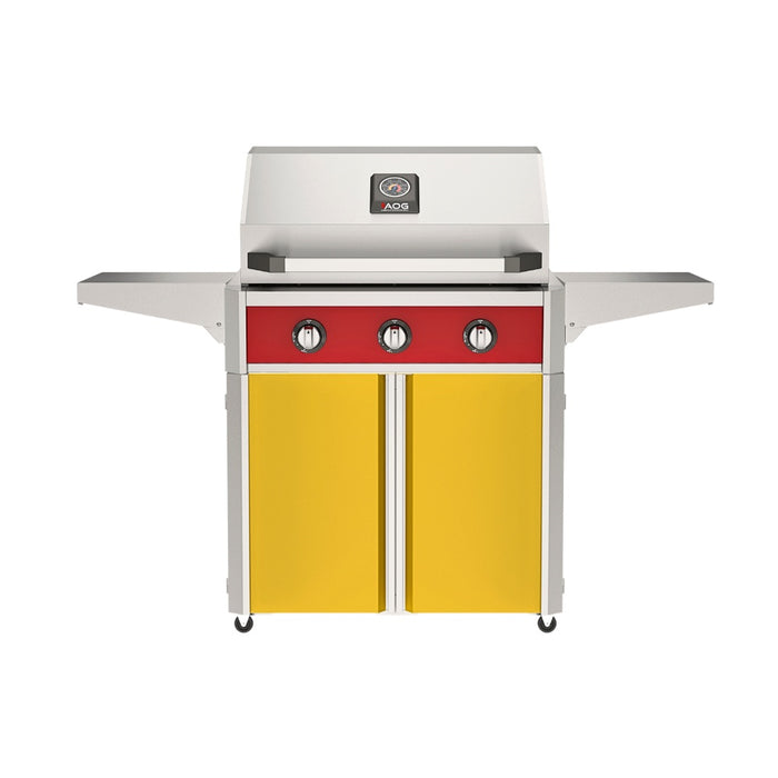 American Outdoor Grill 30" T-Series Portable Gas Grill with red accent panel and yellow accent panel cart base, large analog thermometer and push-button electronic ignition with backlit comfort-touch control knobs.
