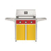 American Outdoor Grill 30" T-Series Portable Gas Grill with red accent panel and yellow accent panel cart base, large analog thermometer and push-button electronic ignition with backlit comfort-touch control knobs.
