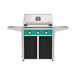 American Outdoor Grill 30" T-Series Portable Gas Grill with teal accent panel and black accent panel cart base, large analog thermometer and push-button electronic ignition with backlit comfort-touch control knobs.
