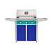 American Outdoor Grill 30" T-Series Portable Gas Grill with teal accent panel and blue accent panel cart base, large analog thermometer and push-button electronic ignition with backlit comfort-touch control knobs.
