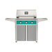 American Outdoor Grill 30" T-Series Portable Gas Grill with teal accent panel and gray accent panel cart base, large analog thermometer and push-button electronic ignition with backlit comfort-touch control knobs.
