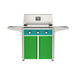 American Outdoor Grill 30" T-Series Portable Gas Grill with teal accent panel and green accent panel cart base, large analog thermometer and push-button electronic ignition with backlit comfort-touch control knobs.
