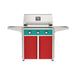 American Outdoor Grill 30" T-Series Portable Gas Grill with teal accent panel and red accent panel cart base, large analog thermometer and push-button electronic ignition with backlit comfort-touch control knobs.

