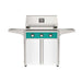 American Outdoor Grill 30" T-Series Portable Gas Grill with teal accent panel and white accent panel cart base, large analog thermometer and push-button electronic ignition with backlit comfort-touch control knobs.
