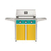 American Outdoor Grill 30" T-Series Portable Gas Grill with teal accent panel and yellow accent panel cart base, large analog thermometer and push-button electronic ignition with backlit comfort-touch control knobs.
