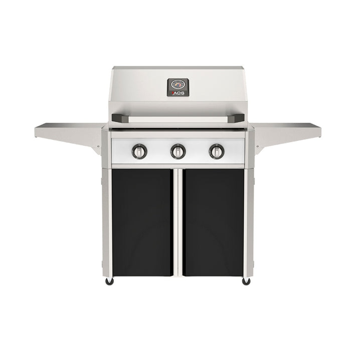 American Outdoor Grill 30" T-Series Portable Gas Grill with white accent panel and black accent panel cart base, large analog thermometer and push-button electronic ignition with backlit comfort-touch control knobs.
