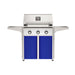 American Outdoor Grill 30" T-Series Portable Gas Grill with white accent panel and blue accent panel cart base, large analog thermometer and push-button electronic ignition with backlit comfort-touch control knobs.
