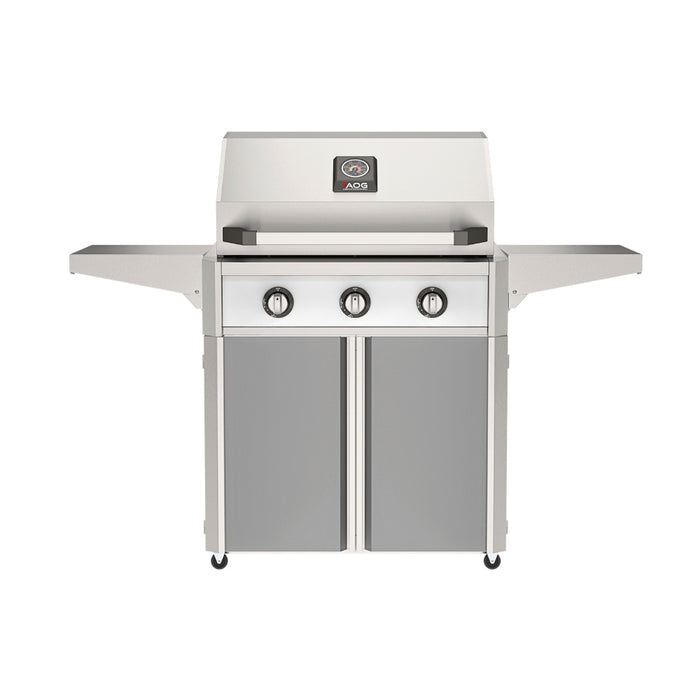 American Outdoor Grill 30" T-Series Portable Gas Grill with white accent panel and gray accent panel cart base, large analog thermometer and push-button electronic ignition with backlit comfort-touch control knobs.
