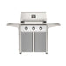 American Outdoor Grill 30" T-Series Portable Gas Grill with white accent panel and gray accent panel cart base, large analog thermometer and push-button electronic ignition with backlit comfort-touch control knobs.
