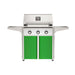 American Outdoor Grill 30" T-Series Portable Gas Grill with white accent panel and green accent panel cart base, large analog thermometer and push-button electronic ignition with backlit comfort-touch control knobs.

