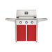 American Outdoor Grill 30" T-Series Portable Gas Grill with white accent panel and red accent panel cart base, large analog thermometer and push-button electronic ignition with backlit comfort-touch control knobs.
