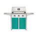 American Outdoor Grill 30" T-Series Portable Gas Grill with white accent panel and teal accent panel cart base, large analog thermometer and push-button electronic ignition with backlit comfort-touch control knobs.
