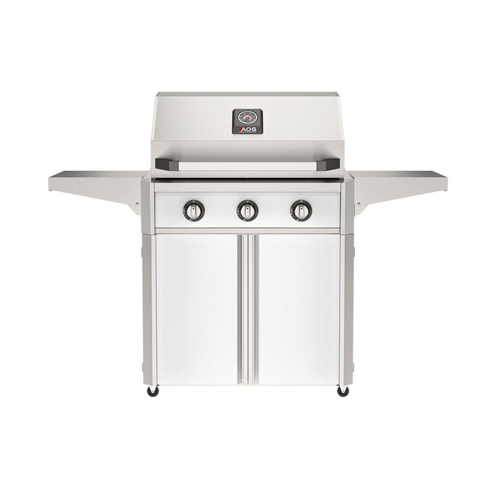 American Outdoor Grill 30" T-Series Portable Gas Grill with white accent panel and white accent panel cart base, large analog thermometer and push-button electronic ignition with backlit comfort-touch control knobs.

