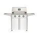 American Outdoor Grill 30" T-Series Portable Gas Grill with white accent panel and white accent panel cart base, large analog thermometer and push-button electronic ignition with backlit comfort-touch control knobs.
