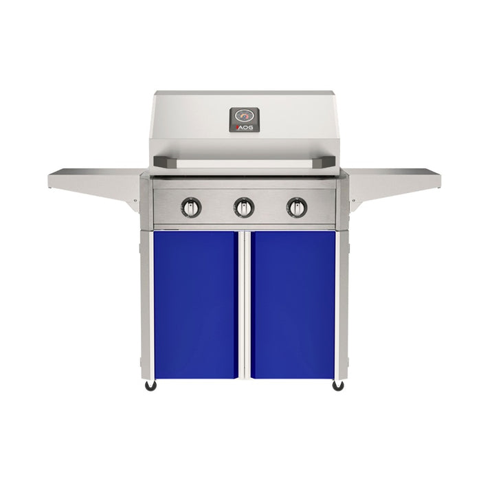 American Outdoor Grill 30" T-Series Portable Gas Grill with blue cart accent panel.
