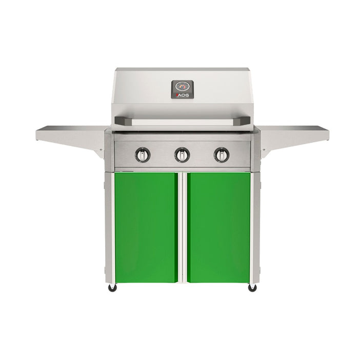 American Outdoor Grill 30" T-Series Portable Gas Grill with green cart accent panel.
