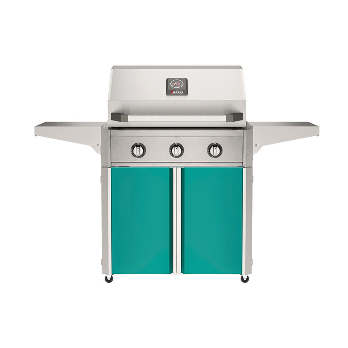 American Outdoor Grill 30" T-Series Portable Gas Grill with teal cart accent panel.
