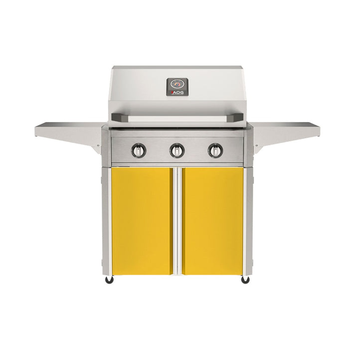 American Outdoor Grill 30" T-Series Portable Gas Grill with yellow cart accent panel.

