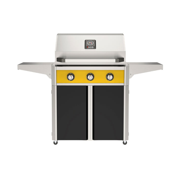 American Outdoor Grill 30" T-Series Portable Gas Grill with yellow accent panel and black accent panel cart base, large analog thermometer and push-button electronic ignition with backlit comfort-touch control knobs.

