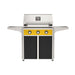 American Outdoor Grill 30" T-Series Portable Gas Grill with yellow accent panel and black accent panel cart base, large analog thermometer and push-button electronic ignition with backlit comfort-touch control knobs.
