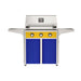American Outdoor Grill 30" T-Series Portable Gas Grill with yellow accent panel and blue accent panel cart base, large analog thermometer and push-button electronic ignition with backlit comfort-touch control knobs.
