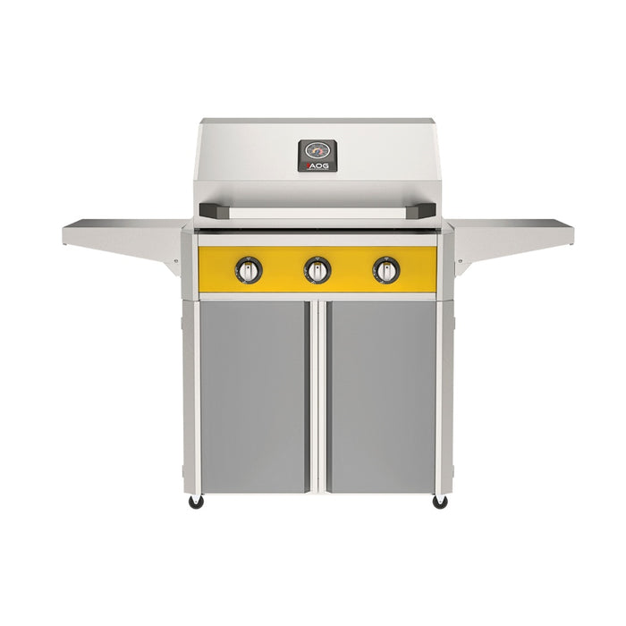 American Outdoor Grill 30" T-Series Portable Gas Grill with yellow accent panel and gray accent panel cart base, large analog thermometer and push-button electronic ignition with backlit comfort-touch control knobs.
