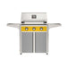 American Outdoor Grill 30" T-Series Portable Gas Grill with yellow accent panel and gray accent panel cart base, large analog thermometer and push-button electronic ignition with backlit comfort-touch control knobs.
