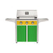 American Outdoor Grill 30" T-Series Portable Gas Grill with yellow accent panel and green accent panel cart base, large analog thermometer and push-button electronic ignition with backlit comfort-touch control knobs.
