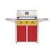 American Outdoor Grill 30" T-Series Portable Gas Grill with yellow accent panel and red accent panel cart base, large analog thermometer and push-button electronic ignition with backlit comfort-touch control knobs.
