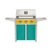 American Outdoor Grill 30" T-Series Portable Gas Grill with yellow accent panel and teal accent panel cart base, large analog thermometer and push-button electronic ignition with backlit comfort-touch control knobs.
