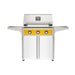 American Outdoor Grill 30" T-Series Portable Gas Grill with yellow accent panel and white accent panel cart base, large analog thermometer and push-button electronic ignition with backlit comfort-touch control knobs.
