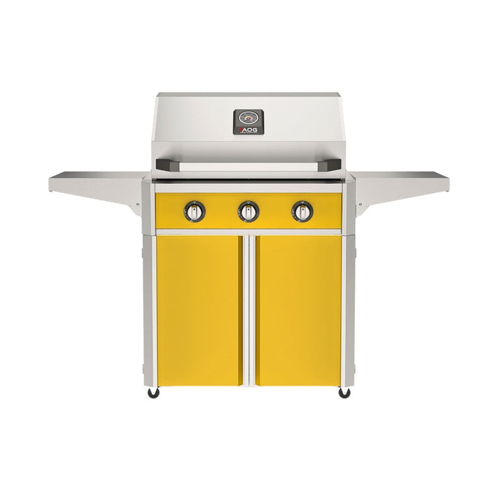 American Outdoor Grill 30" T-Series Portable Gas Grill with yellow accent panel and yellow accent panel cart base, large analog thermometer and push-button electronic ignition with backlit comfort-touch control knobs.
